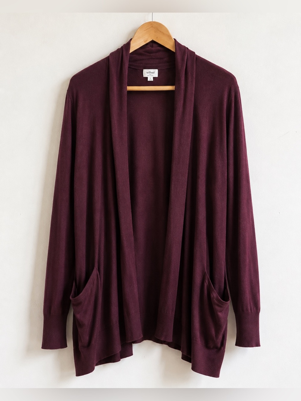 Wilfred Silk Cashmere Long Open Cardigan Plum Burgundy Small